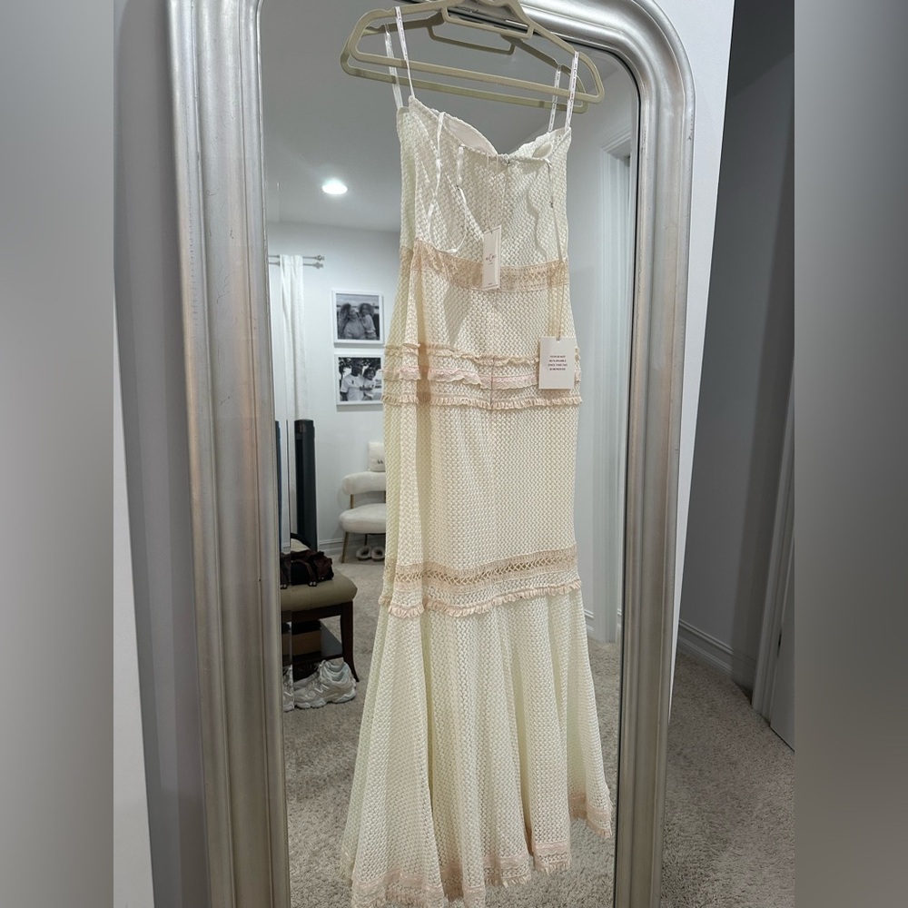 Women's Pallas Beige Lace Trim Crochet Mermaid Maxi Dress - Picture 8 of 10